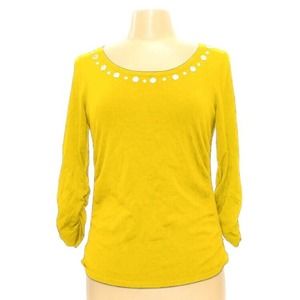 NY Collection Sz Large Women's Sweater Ruching Sleeves Sides Yellow Grommet Neck